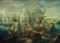 Cornelis van Wieringen attrib Het ontploffen van het Spaanse admiraalschip tijdens de zeeslag bij Gibraltar